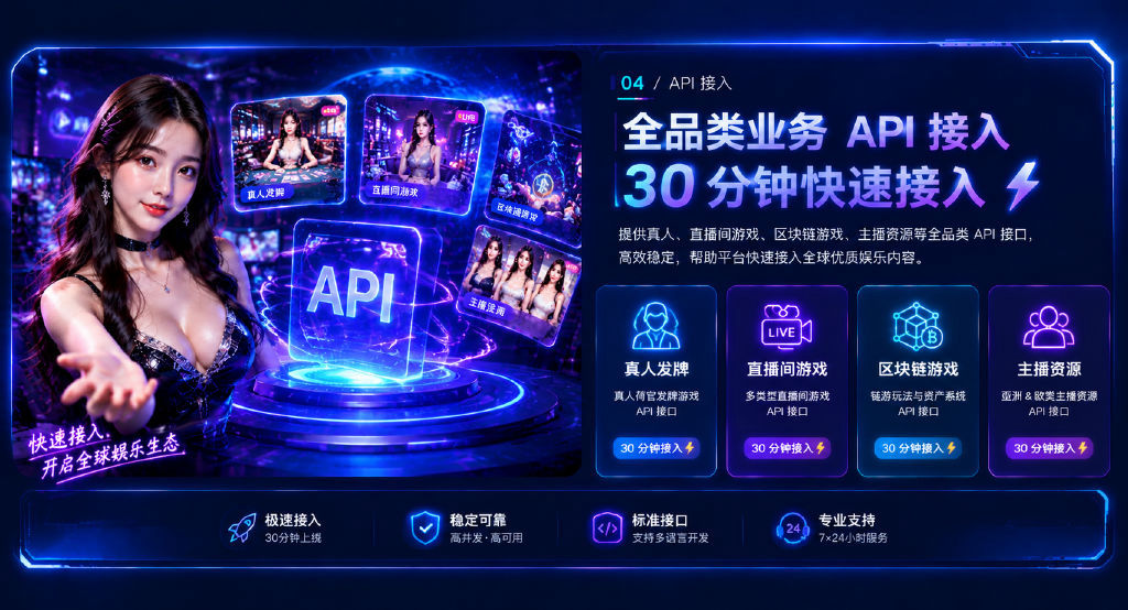 全品类业务 API 接入，30 分钟快速接入：真人发牌、直播间游戏、区块链游戏、主播资源 API；极速接入、稳定可靠、标准接口、7×24 小时专业支持。